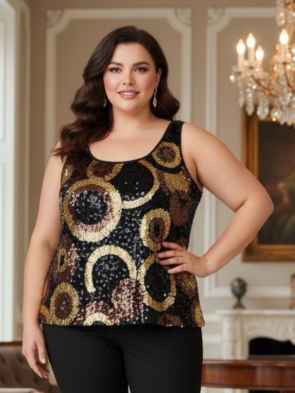 Sequin Tank hand beaded fits XXL Gold Pattern stretch fabric ez fit